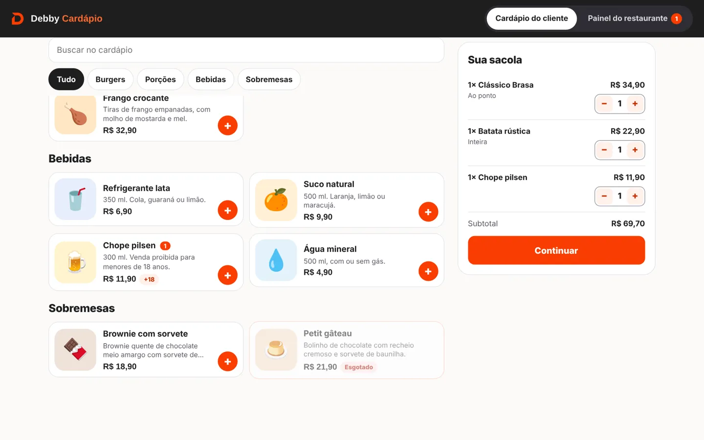 Cardápio no computador com categorias, hambúrgueres e sacola com itens, subtotal e botão continuar