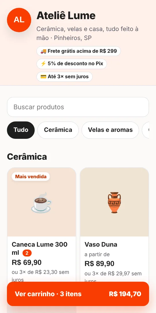 Loja fictícia Ateliê Lume no celular, com fotos dos produtos, frete grátis, desconto no Pix e carrinho com 3 itens